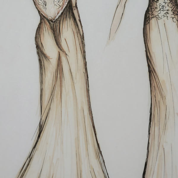 Dessin de robe de mariée pour une commande, robe de mariée fourreau avec traine majeustueuse