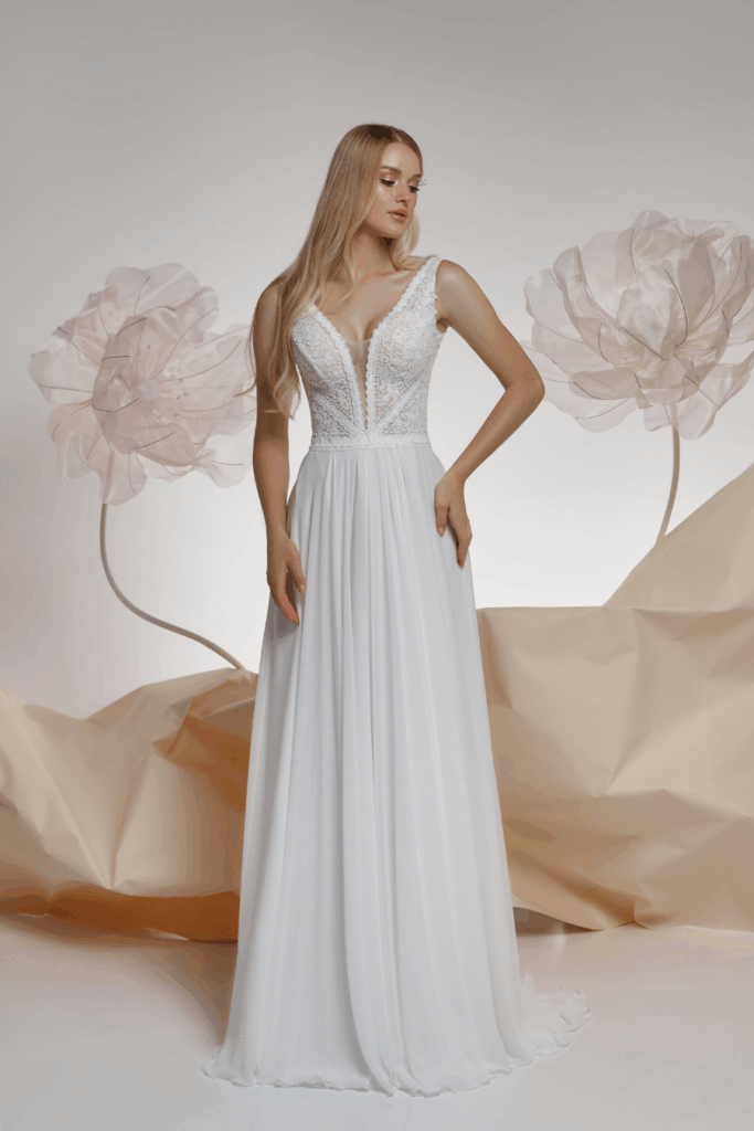 Robe de mariée style bohème en mousseline Lyon France