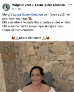 Photo d’une mariée portant une robe fourreau en satin avec dentelle perlée, pièce unique de Laura Queen Création